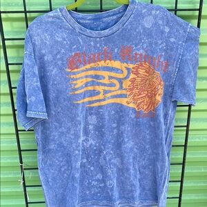 Blue Graphic T-Shirt with Orange and Red Design